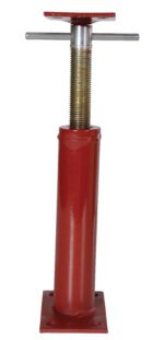 The Vestil Basement Floor Jack 16 In Max Height is a bright red adjustable metal post featuring a silver screw and handle, paired with a flat base, making it an ideal support solution for construction projects.