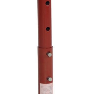 The Vestil Basement Floor Jack 36 In Max Height is red with an adjustable steel design, featuring holes and a threaded screw top. It reaches up to 36 inches for load-bearing, includes square base and top plates for stability, and has instructional labels visible on the side.