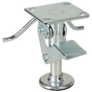 Close-up of a shiny metal adjustable foot resembling the Vestil Economical Floor Lock 6 X 8 X 7.5, featuring a square mounting plate with dual levers. It connects to a cylindrical support for stability with its round base.