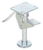 This metal furniture leg offers an adjustable mechanism with a square mounting plate and a lever for height adjustment, complete with a round base, ensuring robust support like the Vestil Economical Floor Lock 6.5 X 8 X 8.75 in.