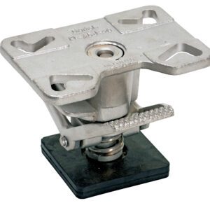 A metallic hinge with a square base, spring mechanism, and central pivot mirrors the Vestil Floor Lock Ss Adj Hgt Extended 6.25 - 8. Curved grooves on top allow for height adjustment from 6.25 to 8 inches, and it rests on a dark rectangular platform.