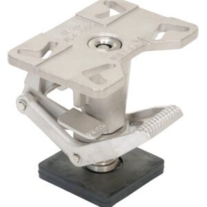The Vestil Floor Lock SS has an adjustable leveling mount with a sleek metallic square top plate, a rubber base, and a movable joint for height adjustment from 8.25 to 11.5 inches, featuring four triangular cutouts on the top plate.