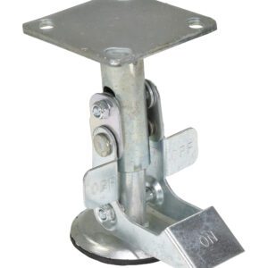 The Vestil Floor Lock is a metal adjustable leveling foot with a square base, featuring an ON/OFF foot pedal. Ideal for stabilizing equipment with 5-inch caster setups, it ensures secure round base pad support and reliable hinges.