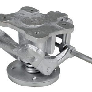 An industrial swiveling mechanism with a circular base and rectangular platform includes a spring and lever for heavy-duty rotation or support. It is compatible with the Vestil Floor Lock for added stability at 4-1/2 to 5-5/8 inches in height.