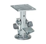 Close-up of an adjustable metallic leg, compatible with a Vestil Floor Lock Low used with a 6-inch caster. It has a square top plate, round base, and OFF levers on both sides for height or position adjustment. The shiny silver finish adds sleekness to the design.