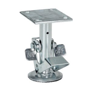 Close-up of an adjustable metallic leg, compatible with a Vestil Floor Lock Low used with a 6-inch caster. It has a square top plate, round base, and OFF levers on both sides for height or position adjustment. The shiny silver finish adds sleekness to the design.