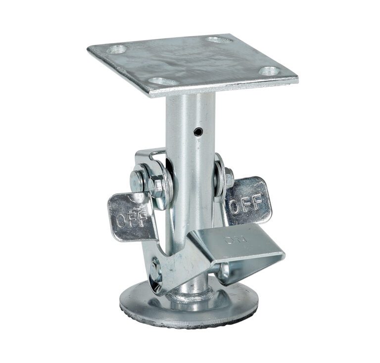 Close-up of an adjustable metallic leg, compatible with a Vestil Floor Lock Low used with a 6-inch caster. It has a square top plate, round base, and OFF levers on both sides for height or position adjustment. The shiny silver finish adds sleekness to the design.