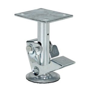 This adjustable metal furniture leg features a square top plate, cylindrical body, round base, and an ON/OFF lever for height adjustment. Compatible with Vestil Floor Lock Mid used with 6 in casters, it boasts a sleek silver finish for a modern appearance.