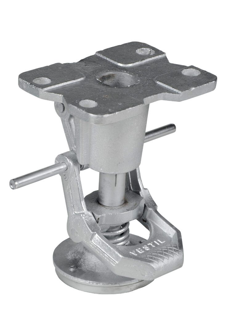 The Vestil Floor Lock 6-1/4 to 7-3/4 In Height features a silver metal design, a flat top plate with four mounting holes, two handles on the central cylindrical section for easy adjustment, and a sturdy round base.