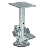The Vestil Floor Lock Low, suitable for an 8-inch caster, features an adjustable metal leg with a square mounting plate, cylindrical shaft, and round base. The silver design includes a lever marked OFF on both sides for height adjustment.