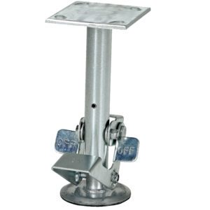 The Vestil Floor Lock Mid, featuring a square base and cylindrical shaft, is ideal for use with an 8 in caster. It offers stable support with its flat platform and height-adjustable levers marked OFF, ensuring reliability similar to the metallic adjustable support jack.
