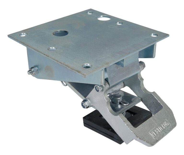 The Vestil Floor Lock, a metal leveling mount, features a square base and adjustable height from 3-3/4 to 4-9/16 inches. It includes multiple securing holes, a central pivot point, and a rubberized bottom for stability.