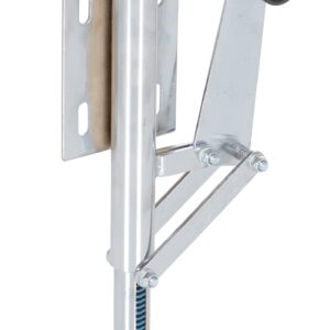 The adjustable metal support stand features a circular base, vertical rod for stability, and an attached bracket. It includes a pivoting arm with a black wheel and is compatible with the Vestil Floor Lock Left Side Mount for enhanced security in various applications.