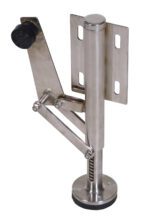 The Vestil Stainless Steel Floor Lock Right Mount features an adjustable metal arm, a cylindrical base, two right-mounted plate screw holes, and a black rubber stopper.