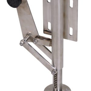 The Vestil Stainless Steel Floor Lock Right Mount features an adjustable metal arm, a cylindrical base, two right-mounted plate screw holes, and a black rubber stopper.