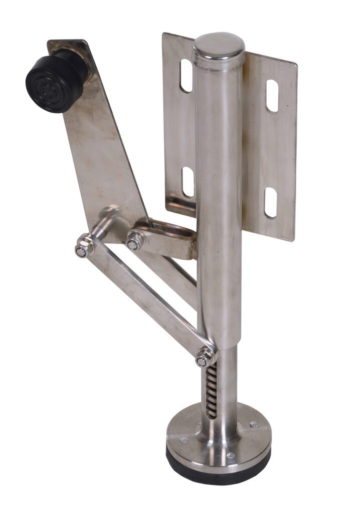 The Vestil Stainless Steel Floor Lock Right Mount features an adjustable metal arm, a cylindrical base, two right-mounted plate screw holes, and a black rubber stopper.