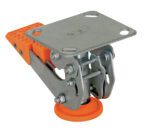 A silver and orange adjustable furniture leg with a metal top plate, textured grip for 4-5/8 to 5-3/4 inch height adjustments, sturdy hinges, and an orange rubber foot resembles the durable Vestil Floor Lock Steel/Poly 4-5/8 To 5-3/4 In design.