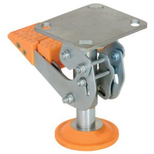 The orange and silver clamp is similar to the Vestil Floor Lock Steel/Poly 6-9/16 to 7-5/8 In, featuring a lever, circular base with a round orange pad for secure fastening, and a top with a flat rectangular metal plate with holes.