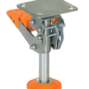 The Vestil Floor Lock Steel/Poly 8-5/16 to 9-7/16 In integrates smoothly into this metal motorcycle lift stand with an orange circular base, providing exceptional stability with its rectangular platform and adjustable lever mechanism for secure lifting.