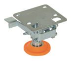 An orange rubber-wheel metallic swivel caster with a rectangular plate and bolts, coupled with a foot brake, offers robust design similar to the Vestil Floor Lock Steel/Poly 3-7/16 to 4-1/4 In, making it perfect for industrial or heavy-duty use.