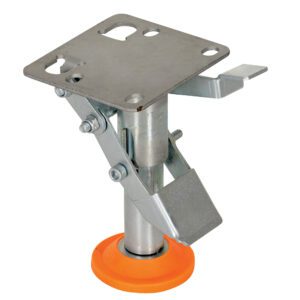 The metal adjustable furniture leg, with an orange rubber base and a square top mounting plate with multiple holes, features a hinged mechanism for height adjustment. This sturdy leg is as reliable and functional as the Vestil Floor Lock Steel/Poly 4-3/8 to 5-1/4 In in terms of durability.