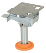 The adjustable metal leveling leg features a square mounting plate on top and an orange plastic base, similar to the Vestil Floor Lock Steel/Poly 5-5/8 To 6-1/4 In, ideal for stabilizing furniture or equipment.