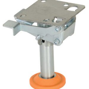 The adjustable metal leveling leg features a square mounting plate on top and an orange plastic base, similar to the Vestil Floor Lock Steel/Poly 5-5/8 To 6-1/4 In, ideal for stabilizing furniture or equipment.