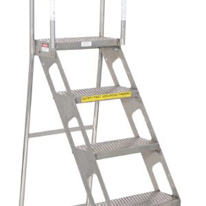Introducing the Vestil Folding 4 Step Ladder W/Wheels Ss, designed with four steps, a safety handrail, red wheels for mobility, rubber-tipped legs for stability, non-slip surfaces on each step, and a Safety First label on the second step.