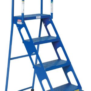 The Vestil Folding 4 Step Ladder With Wheels is durable and blue, with four perforated metal steps, two sturdy handrails, and easy-to-move red wheels. It includes a safety precautions label at the base for secure use.