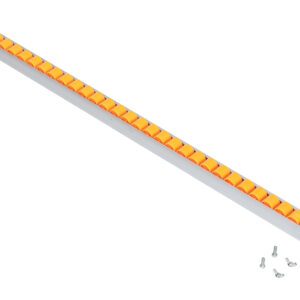 A long, narrow metal track with orange rollers, similar to the Vestil Flow Rack Option-36 In Roller, is paired with small screws and seems designed for smooth item movement.