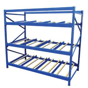 The Vestil Carton Flow Rack features a blue design with three sturdy levels and parallel yellow bars supported by metal frames, ideal for heavy-duty warehouse storage. It measures 36 inches in length.