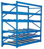 The Vestil Carton Flow Rack, a blue industrial shelving unit, features a 36-inch length and five levels with yellow roller tracks for seamless item movement and diagonal supports for enhanced stability, ideal for warehouse or storage use.