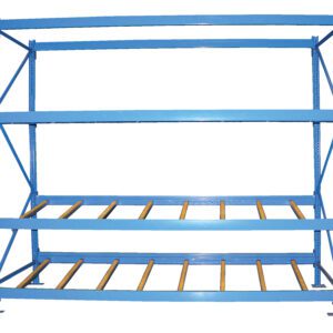 The Vestil Carton Flow Rack 48 In Length 3 Levels features a durable blue metal construction with three horizontal shelves supported by a grid of metal bars, vertical beams, and cross-supports for enhanced stability.