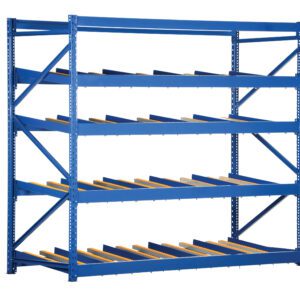 The Vestil Carton Flow Rack 48 In Length 4 Levels is a sturdy blue shelving unit equipped with yellow rollers for easy sliding of items. It measures 48 inches and has four slanted levels, enhancing accessibility, making it perfect for warehouse or storage use.