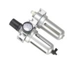 The Vestil Air Filter-Lube Regulator in metallic silver includes a pressure gauge for PSI and Bar, two cylindrical components, a black adjustment knob, and a 1/4 port hole for precise airflow management.
