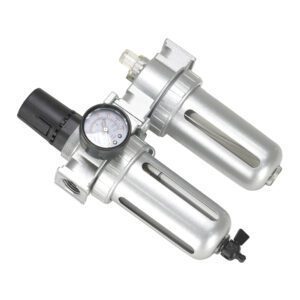 The Vestil Air Filter-Lube Regulator in metallic silver includes a pressure gauge for PSI and Bar, two cylindrical components, a black adjustment knob, and a 1/4 port hole for precise airflow management.