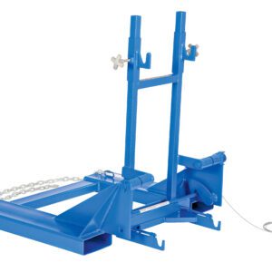 The blue tire holder features an adjustable frame, metal chain, and cable with wingnut fasteners and a secure base for stabilizing tires during transport or storage, making it ideal for use with the Vestil Fork Mount Trash Can Dumper 1K Capacity to enhance workspace management efficiently.