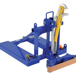 The Vestil Eagle Beak Drum Lifter One Drum Belt Saddle features a blue metal frame with a yellow handle and brown base, perfect for lifting or securing tasks. It includes levers, hinges, and a rectangular platform, designed to easily manage one drum.