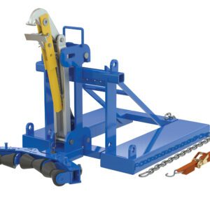 A blue industrial Vestil Eagle Beak Drum Lifter with a hydraulic cylinder and 3 saddle rollers, flat base, and upright supports, designed for lifting or stabilizing heavy loads efficiently, is situated beside chains.