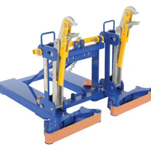Introducing the Vestil Eagle Beak Drum Lifter, a heavy-duty blue and yellow clamp crafted for handling metal sheets and plates. It features two gripping jaws, a sturdy frame, and adjustable components for secure attachment.