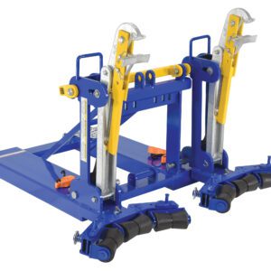 The Vestil Eagle Beak Drum Lifter Two Drum 3 Saddle Roller, in blue and yellow, features adjustable arms and caster wheels ideal for transporting barrels. Its multiple locking mechanisms ensure easy mobility while efficiently handling up to two drums.