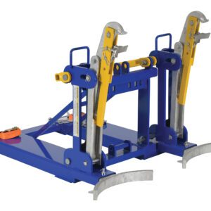 The Vestil Automatic Eagle Beak 2 Drum Lifter 2K is a blue and yellow metal forklift attachment with two securing clamps and adjustable mechanisms, designed for industrial use to expertly handle cylindrical drums safely with its robust construction.