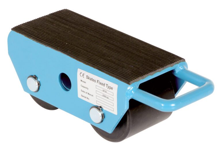 FMS-2.5_A.jpg The Vestil Fixed Machinery Skate in blue offers a 2.5-ton capacity, features two black wheels, a textured top, and includes a handle for easy maneuvering. It has a side label with specifications and is part of the Vestil Fixed Machinery Skates collection.