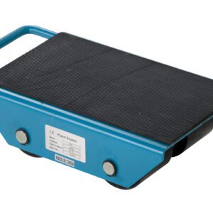 The blue industrial dolly has a handle, black textured platform for heavy-duty tasks, and four wheels for easy movement. A visible side label complements its design. It pairs perfectly with Vestil Fixed Machinery Skates 3 Ton Capacity for efficient heavy item transport.