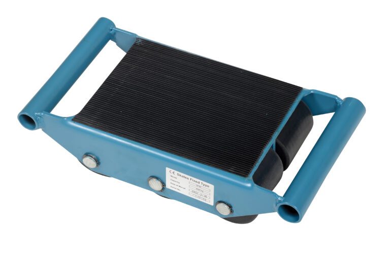 The Vestil Fixed Machinery Skates 6 Ton Capacity have a blue rectangular platform with cylindrical handles at both ends, multiple wheels for easy movement, and a specification label on the side.