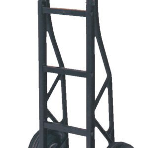 The Vestil Fiber/Nylon Hand Truck 18 X 21 X 48 has a black metal frame, two large wheels, and a sturdy top handle, along with a flat toe plate that efficiently carries loads.