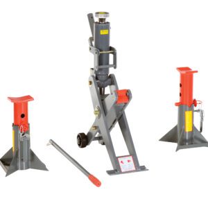 The Vestil Manual Hydraulic Jack, with its 8K capacity, features a lifting handle and wheels on a white background. It comes with two red and gray jack stands, designed with triangular bases and secure locking pins.