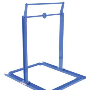 The Vestil Extension Storage Rack, 46L x 40W x 54H, is a blue metal stand with a rectangular base and dual vertical supports, featuring a top hinged horizontal bar ideal for industrial or mechanical item support.