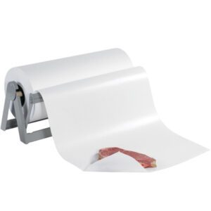 A roll of MH-USA 36 freezer paper is partly unrolled on a gray metal dispenser, with raw meat partially wrapped at the end.
