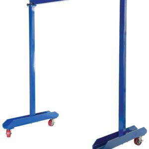 The Vestil Portable Work Area Gantry Crane 1K has a blue rectangular frame with four swivel casters, including two with striking red wheels, ensuring easy mobility for lifting.